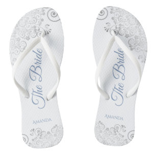 Silver Lace & Dusty Blue Script The Bride Wedding Jandals