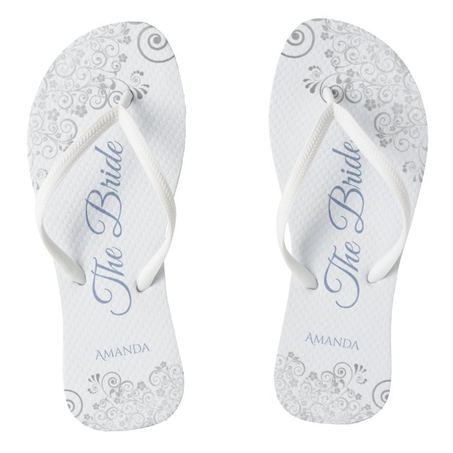 Silver Lace & Dusty Blue Script The Bride Wedding Jandals (Footbed)