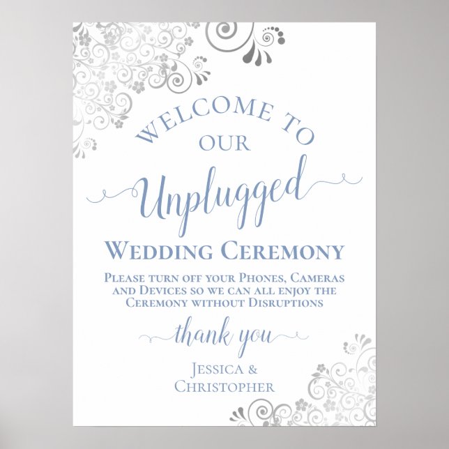 Silver Lace Dusty Blue Unplugged Wedding Ceremony Poster (Front)