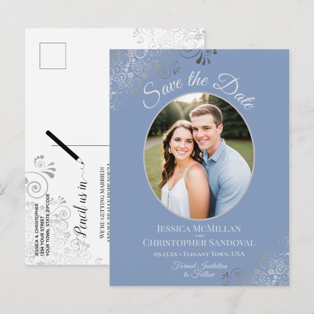 Silver Lace Dusty Blue Wedding Save the Date Photo Announcement Postcard (Front/Back)