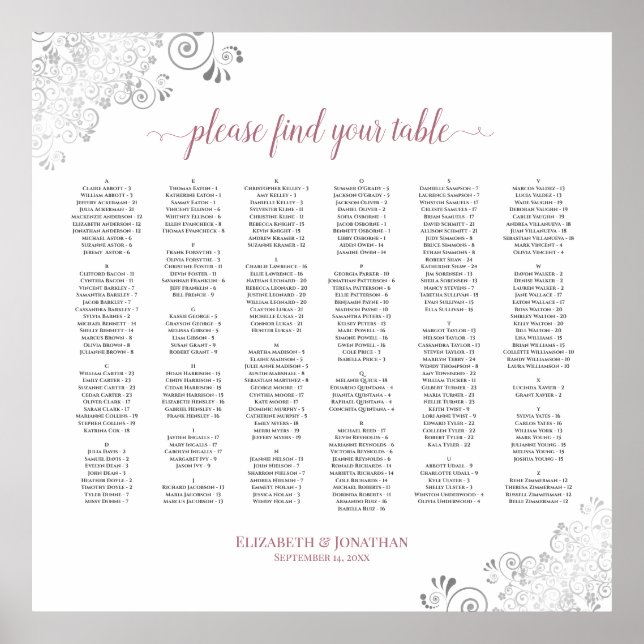 Silver Lace Dusty Rose Alphabetical Seating Chart (Front)
