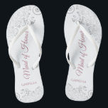 Silver Lace & Dusty Rose Maid of Honour Wedding Jandals<br><div class="desc">These beautiful wedding flip flops are a great way to thank and recognise your Maid of Honour while saving her feet at the same time. Features an elegant design with silver grey lace on a white background and fancy dusty rose or mauve pink script lettering. The test reads Maid of...</div>
