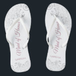 Silver Lace & Dusty Rose Maid of Honour Wedding Jandals<br><div class="desc">These beautiful wedding flip flops are a great way to thank and recognise your Maid of Honour while saving her feet at the same time. Features an elegant design with silver grey lace on a white background and fancy dusty rose or mauve pink script lettering. The test reads Maid of...</div>