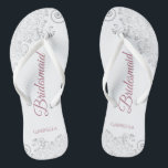 Silver Lace & Dusty Rose Script Bridesmaid Wedding Jandals<br><div class="desc">These elegant wedding flip flops are a great way to thank and recognise your bridesmaids, while giving their feet a rest after a long day. The beautiful design features an elegant design with silver grey lace frills on a white background and fancy dusty rose or mauve pink script lettering. The...</div>