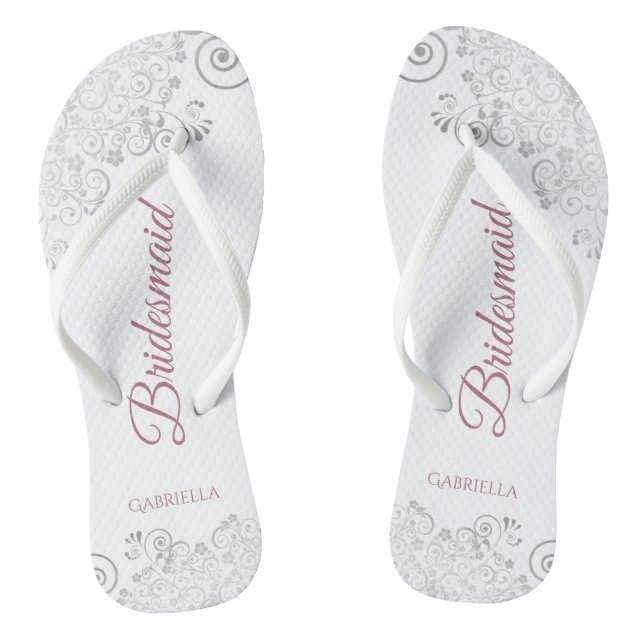 Silver Lace & Dusty Rose Script Bridesmaid Wedding Jandals (Footbed)