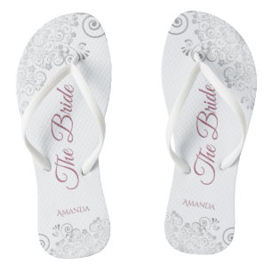 Silver Lace & Dusty Rose Script The Bride Wedding Jandals