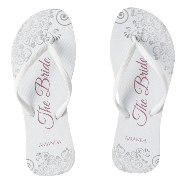 Silver Lace & Dusty Rose Script The Bride Wedding Jandals (Footbed)