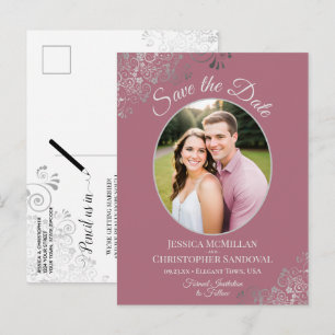 Silver Lace Dusty Rose Wedding Save the Date Photo Announcement Postcard