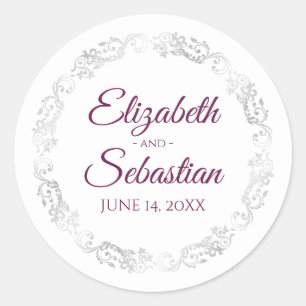 Silver Lace Elegant Cassis Purple on White Wedding Classic Round Sticker