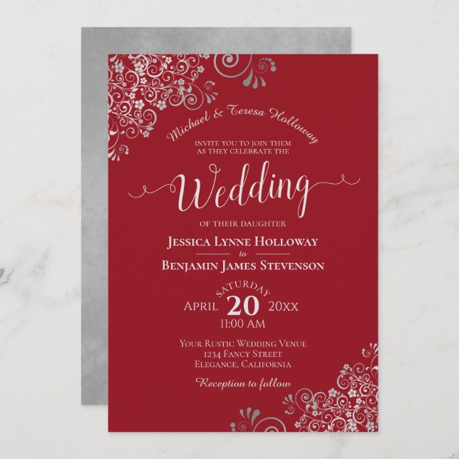 Silver Lace Elegant Crimson Red Formal Wedding Invitation (Front/Back)