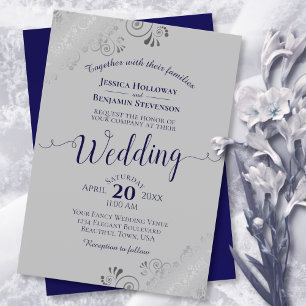 Silver Lace Elegant Navy Blue & Grey Wedding Invitation