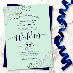 Silver Lace Elegant Neo Mint Green & Navy Wedding Invitation