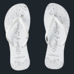 Silver Lace Elegant White Maid of Honour Wedding Jandals<br><div class="desc">These beautiful wedding flip flops are a great way to thank and recognise your Maid of Honour while saving her feet at the same time. Features an elegant design with silver grey lace on a white background and fancy script lettering. The test reads Maid of Honour with her name below....</div>