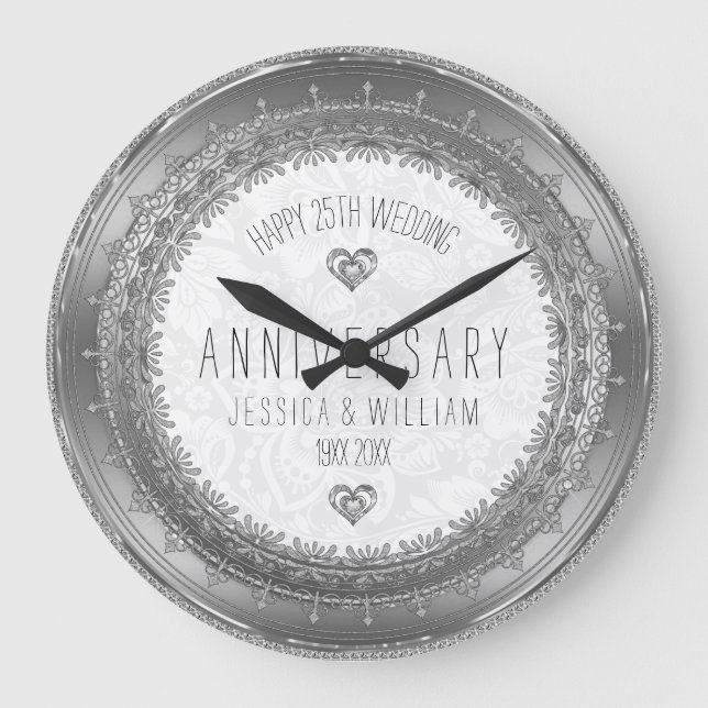 Silver Lace Frame 25th Wedding Anniversary Large Clock (Front)