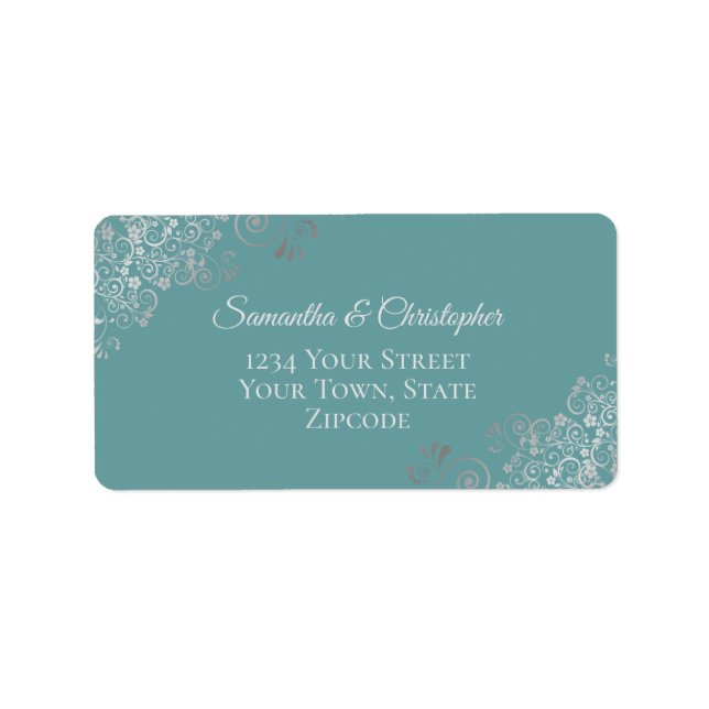 Silver Lace Frills on Teal Elegant Wedding Address Label (Front)
