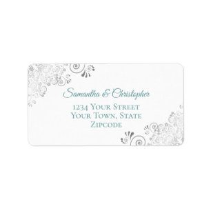 Silver Lace Frills Teal on White Wedding Address Label