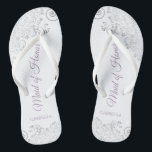 Silver Lace & Lavender Maid of Honour Wedding Jandals<br><div class="desc">These beautiful wedding flip flops are a great way to thank and recognise your Maid of Honour while saving her feet at the same time. Features an elegant design with silver grey lace on a white background and fancy dusty purple or lavender script lettering. The test reads Maid of Honour...</div>