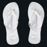 Silver Lace & Lavender Script Bridesmaid Wedding Jandals<br><div class="desc">These elegant wedding flip flops are a great way to thank and recognise your bridesmaids, while giving their feet a rest after a long day. The beautiful design features an elegant design with silver grey lace frills on a white background and fancy dusty purple or lavender script lettering. The text...</div>