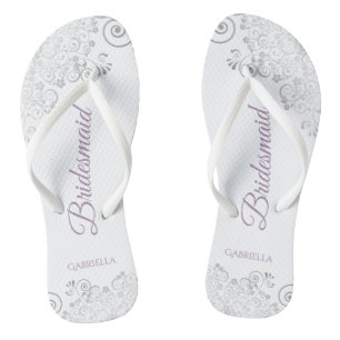 Silver Lace & Lavender Script Bridesmaid Wedding Jandals