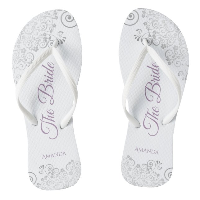 Silver Lace & Lavender Script The Bride Wedding Jandals (Footbed)