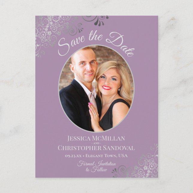 Silver Lace Lavender Wedding Save the Date Photo Announcement Postcard (Front)