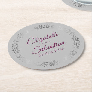 Silver Lace Magenta on Grey Elegant Wedding Round Paper Coaster