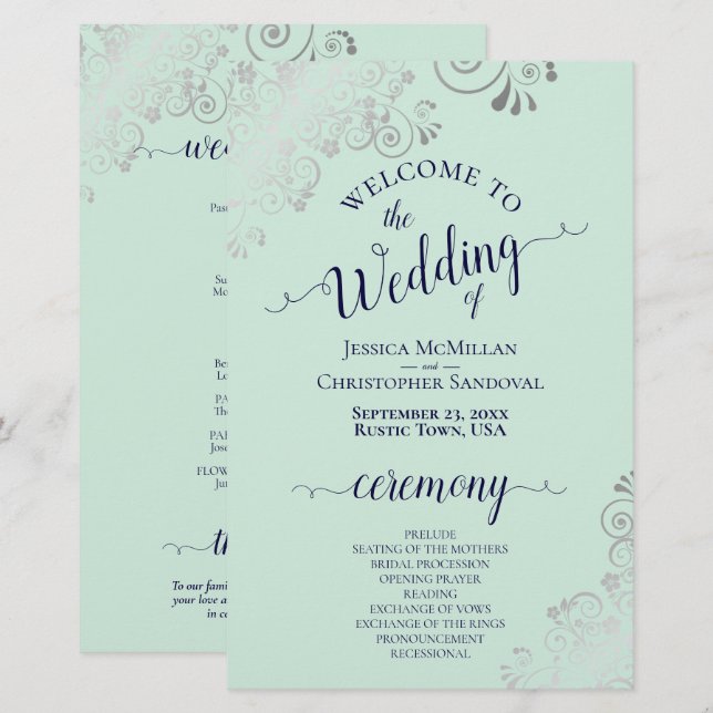 Silver Lace Mint & Navy Budget Wedding Program (Front/Back)