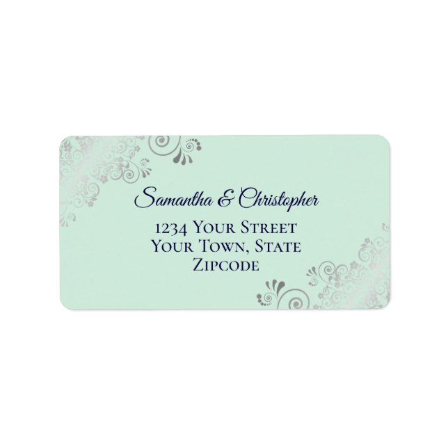 Silver Lace Mint & Navy Elegant Wedding Address Label (Front)