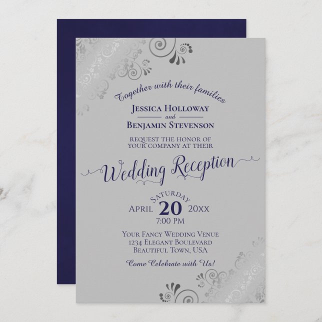 Silver Lace Navy Blue & Grey Wedding Reception Invitation (Front/Back)