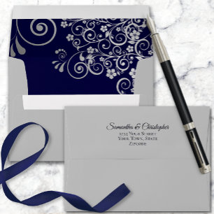 Silver Lace Navy Blue Inside Elegant Grey Wedding Envelope