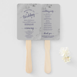 Silver Lace Navy Blue on Grey Chic Wedding Program Hand Fan