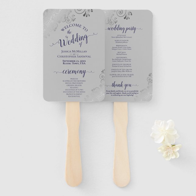Silver Lace Navy Blue on Grey Chic Wedding Program Hand Fan (Front and Back)