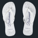 Silver Lace Navy Blue on White Bridesmaid Wedding Jandals<br><div class="desc">These elegant wedding flip flops are a great way to thank and recognise your bridesmaids, while giving their feet a rest after a long day. The beautiful design features an elegant design with silver grey lace frills on a white background and fancy navy blue coloured script lettering. The text reads...</div>