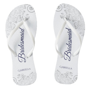 Silver Lace Navy Blue on White Bridesmaid Wedding Jandals