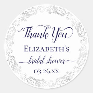 Silver Lace Navy on White Bridal Shower Thank You Classic Round Sticker