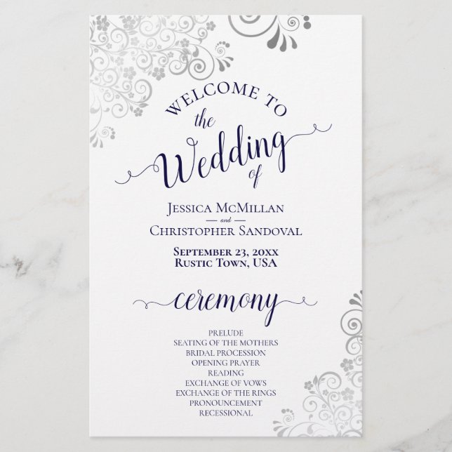 Silver Lace Navy on White Budget Wedding Program (Front)
