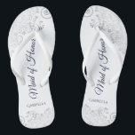 Silver Lace Navy on White Maid of Honour Wedding Jandals<br><div class="desc">These beautiful wedding flip flops are a great way to thank and recognise your Maid of Honour while saving her feet at the same time. Features an elegant design with silver grey lace on a white background and fancy navy blue coloured script lettering. The test reads Maid of Honour with...</div>