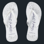 Silver Lace Navy on White Maid of Honour Wedding Jandals<br><div class="desc">These beautiful wedding flip flops are a great way to thank and recognise your Maid of Honour while saving her feet at the same time. Features an elegant design with silver grey lace on a white background and fancy navy blue coloured script lettering. The test reads Maid of Honour with...</div>