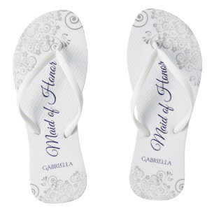 Silver Lace Navy on White Maid of Honour Wedding Jandals