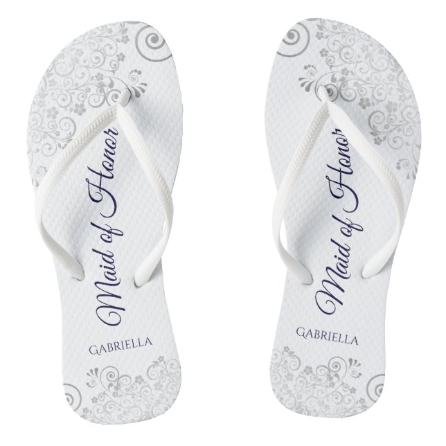 Silver Lace Navy on White Maid of Honour Wedding Jandals (Footbed)