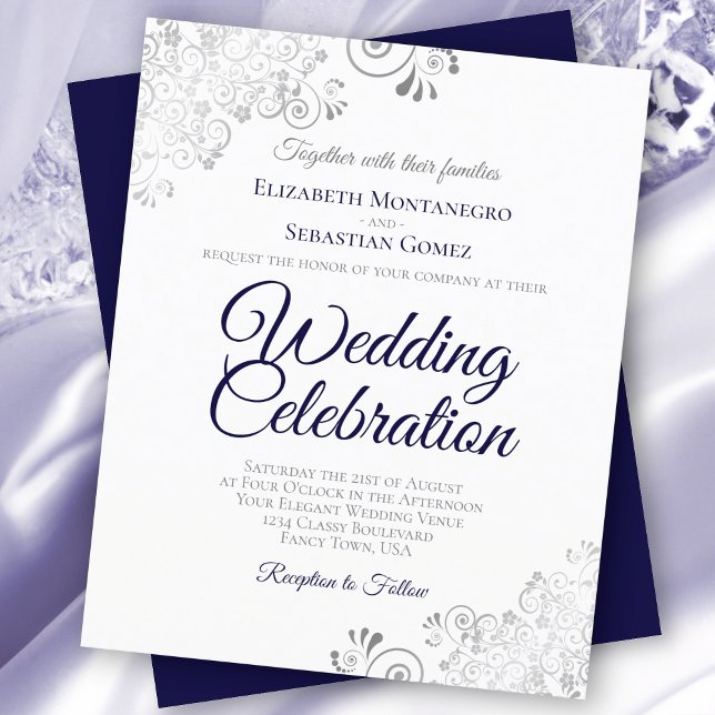 Silver Lace Navy & White BUDGET Wedding Invitation (Creator Uploaded)