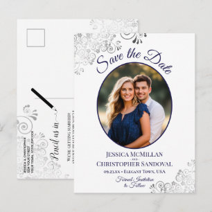 Silver Lace Navy White Wedding Save the Date Photo Announcement Postcard