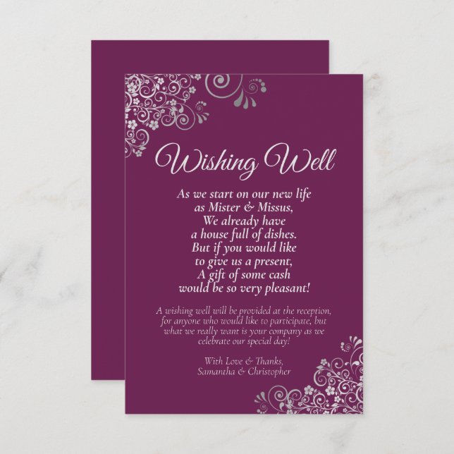 Silver Lace on Berry Wedding Wishing Well Poem Enclosure Card (Front/Back)