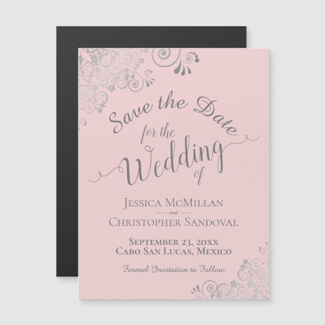 Silver Lace on Blush Pink Save the Date Magnet (Front/Back)