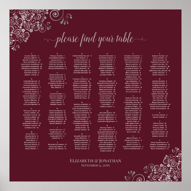 Silver Lace on Burgundy Alphabetical Seating Chart (Front)