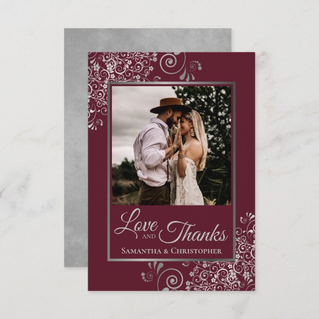 Silver Lace on Burgundy Love & Thanks Wedding Thank You Card (Front/Back)