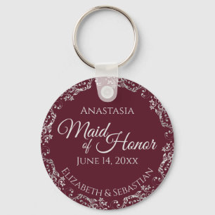 Silver Lace on Burgundy Maid of Honour Wedding Key Ring