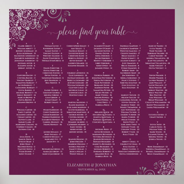 Silver Lace on Cassis Alphabetical Seating Chart (Front)