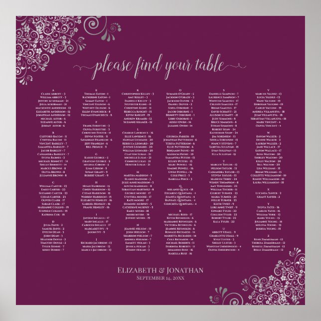 Silver Lace on Cassis Alphabetical Seating Chart (Front)