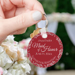 Silver Lace on Crimson Red Maid of Honour Wedding Key Ring<br><div class="desc">These beautiful keychains are designed to be given as a gift or wedding favour to your maid of honour. The elegant design features a frilly silver grey faux foil border with pale grey text on a crimson red background. There is space for her name, the wedding date and the names...</div>